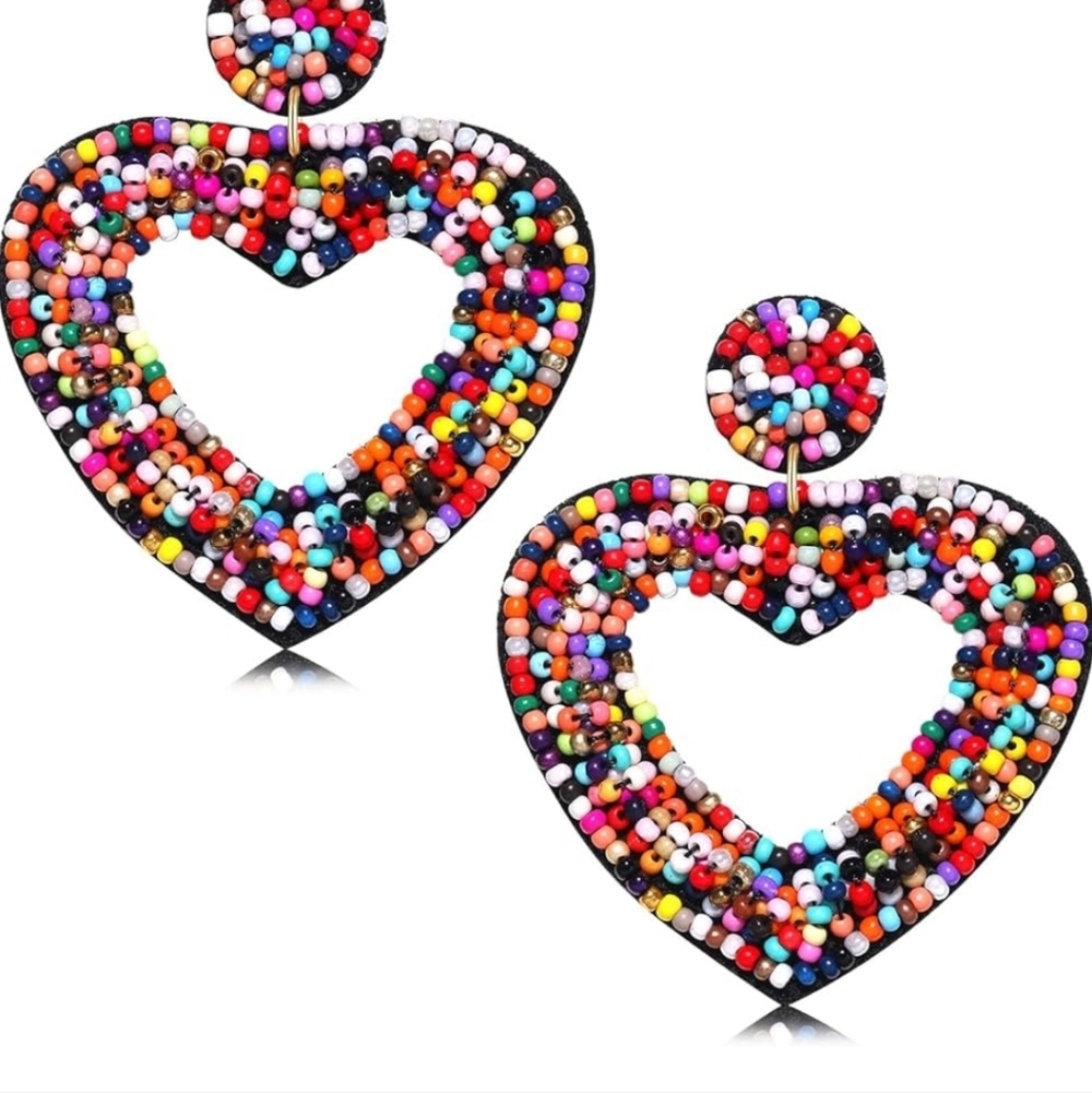 Colorful Beaded Heart Earrings - Picture 2 of 5